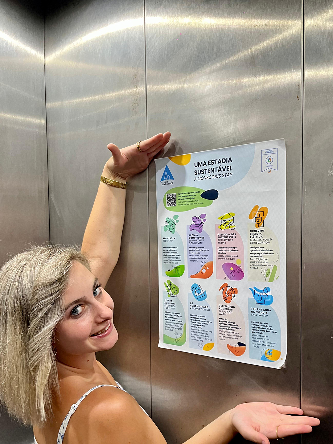 Poster “A Conscious Stay” in HI Viana do Castelo hostel encouraging guests to travel responsibly and sustainably. Poster “A Conscious Stay” in HI Viana do Castelo hostel encouraging guests to travel responsibly and sustainably.