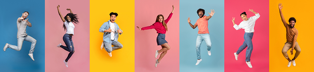 Young people on colourful backgrounds symbolise the energy, creativity, and international community of the Travel Different for Future programme, encouraging others to get involved.